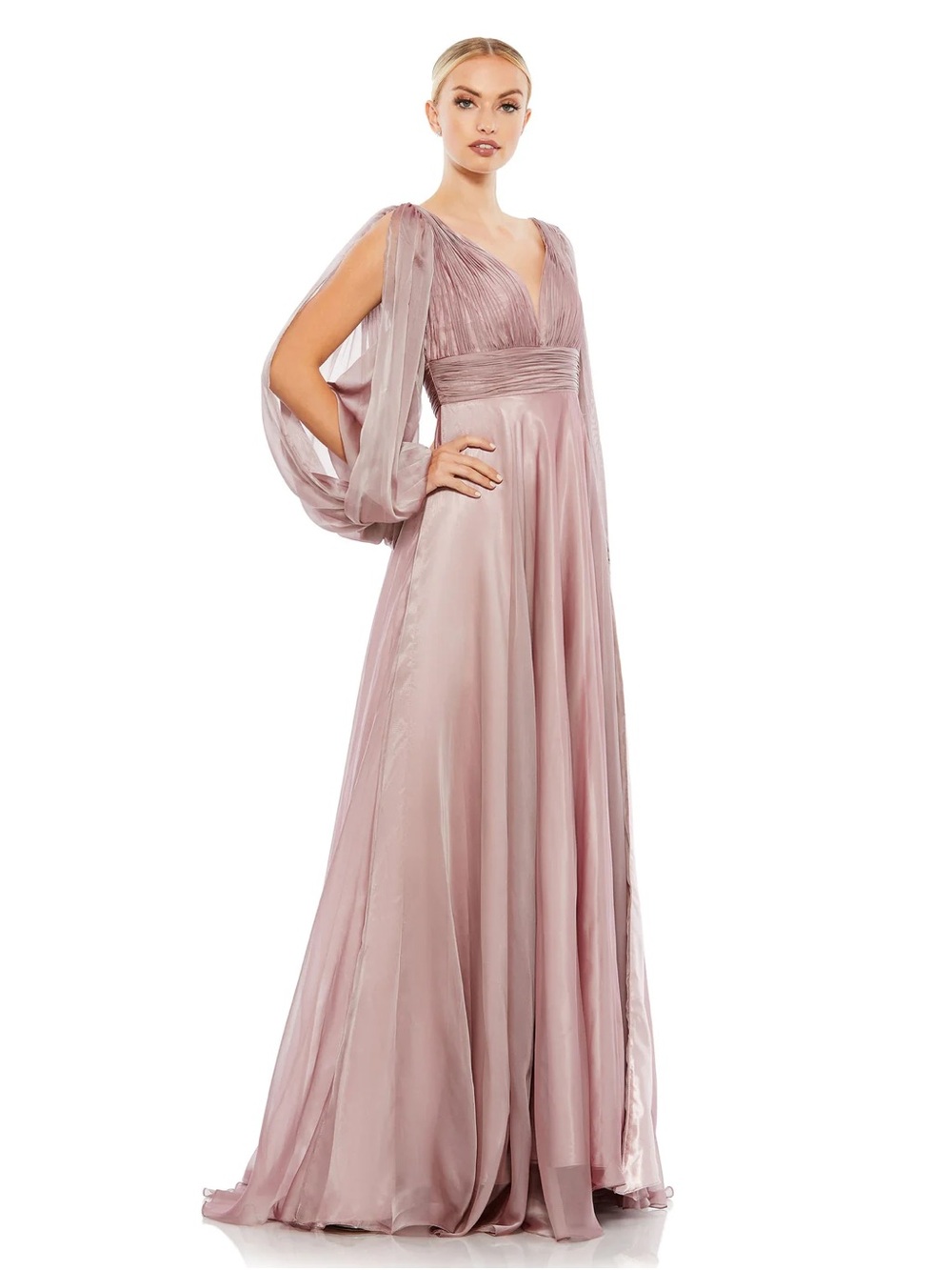Mac Duggal  Chiffon Open Sleeve A-Line Gown Mocha Pink Beaded
Cuff Size 8 NWT